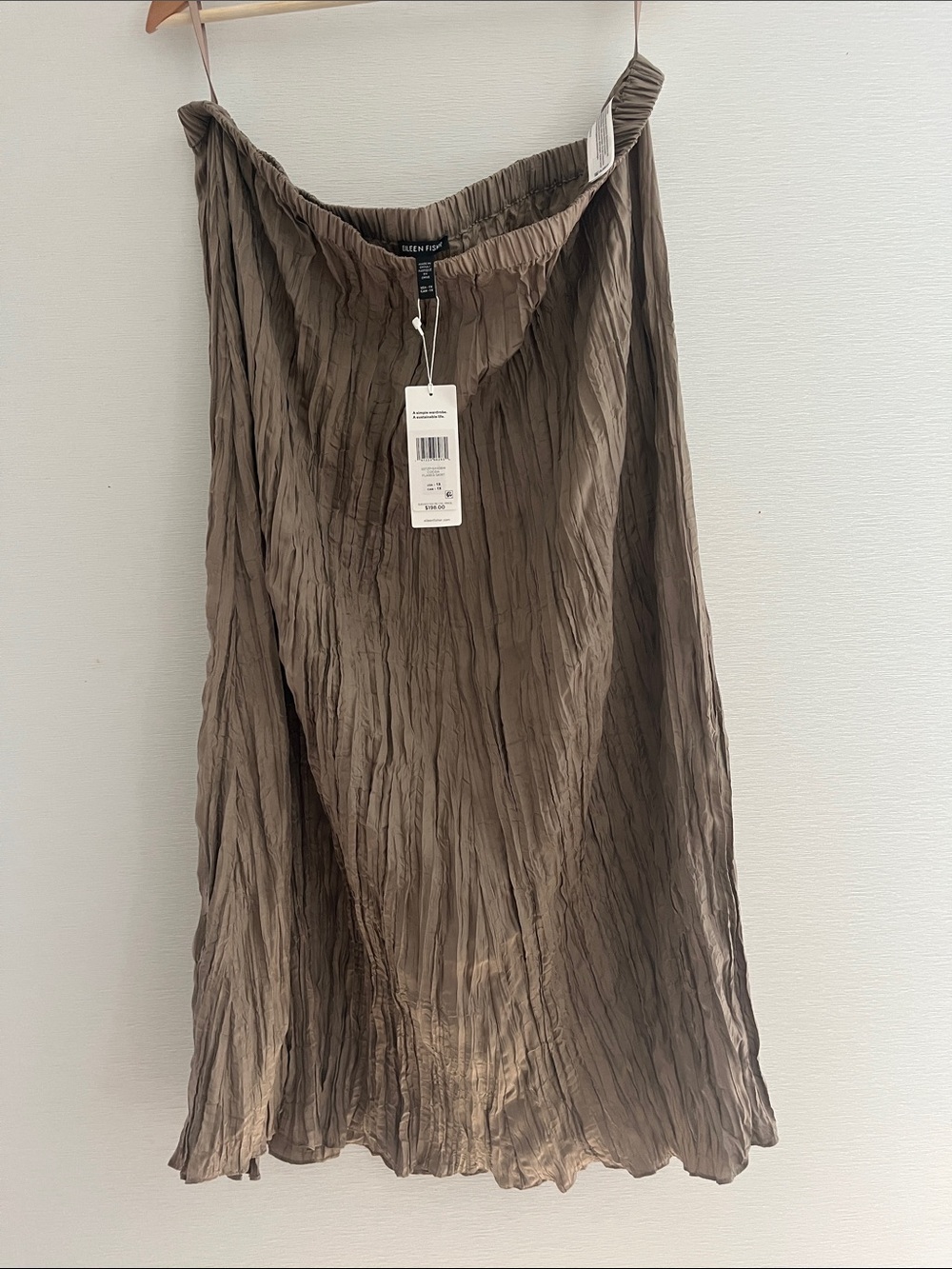 EILEEN FISHER Taupe Pleated 100% silk Midi Skirt with Elastic Waist